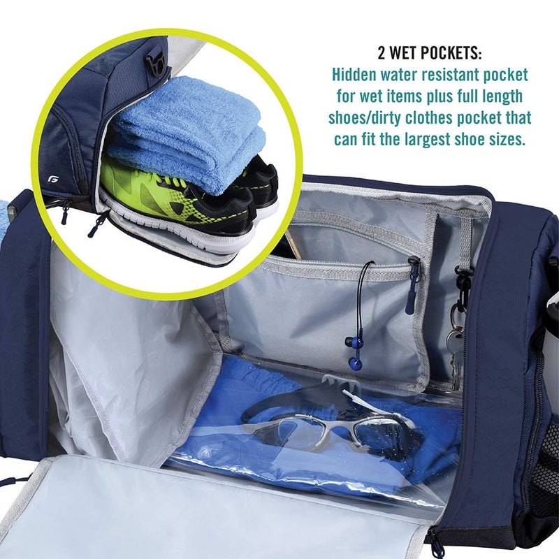 FocusGear Ultimate Gym Bag 2.0: The Durable Crowdsource Designed Duffel Bag with 10 Optimal Compartments Including Water Resistant Pouch, Blue, Medium (20") - Image 5